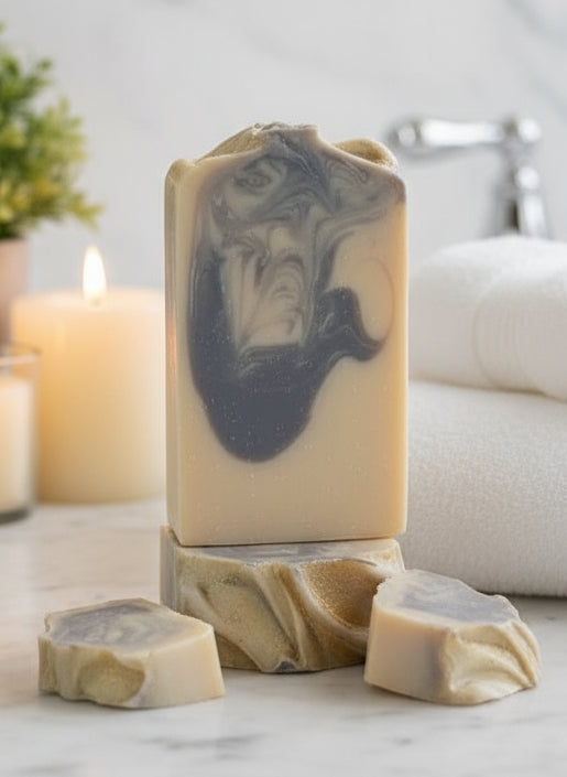 Handmade Earthly Glow tallow hemp soap with grape, orange, lime & patchouli – fruity citrus floral resinous scent – Earth’s Natural Soaps