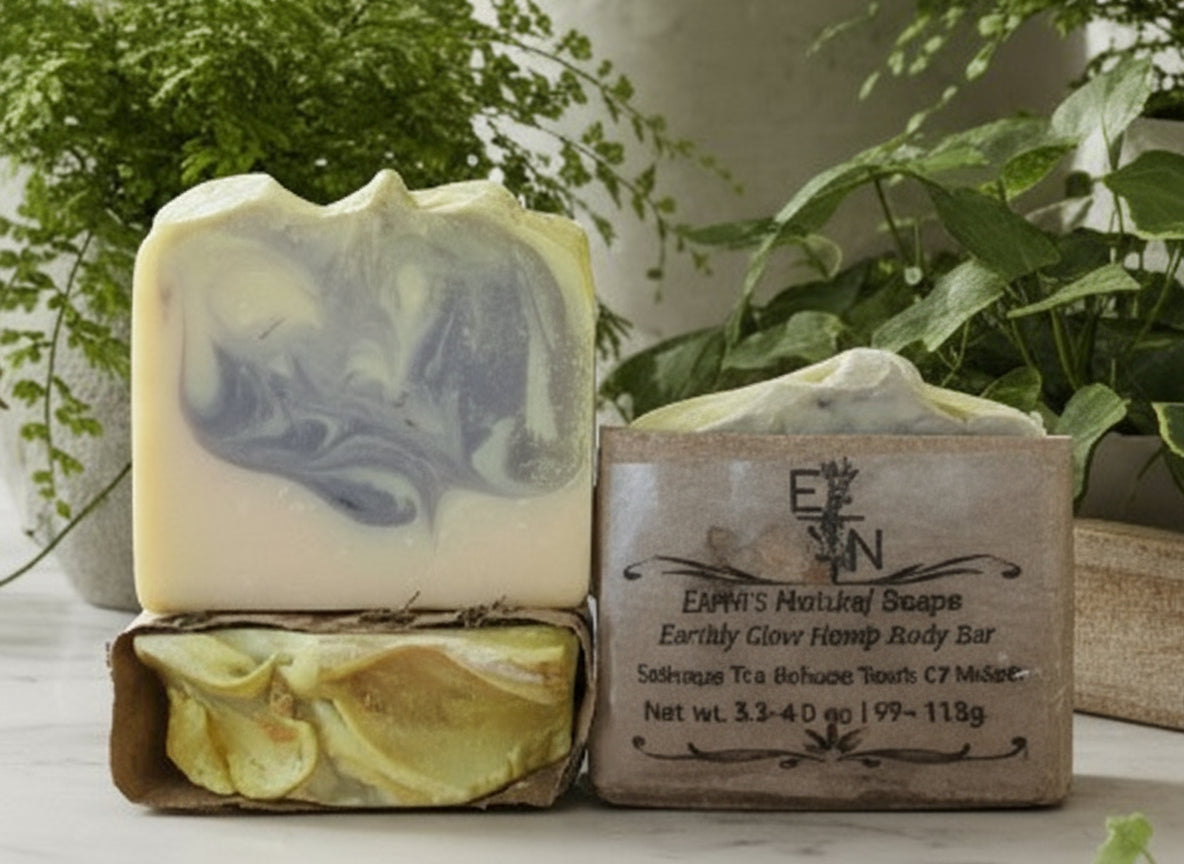 Handmade Earthly Glow tallow hemp soap with grape, orange, lime & patchouli – fruity citrus floral resinous scent – Earth’s Natural Soaps