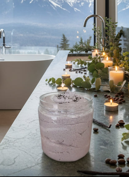 Close-up of handmade organic vanilla coffee whipped sugar scrub in a jar with coffee beans and vanilla pods, creamy texture, natural skincare exfoliant