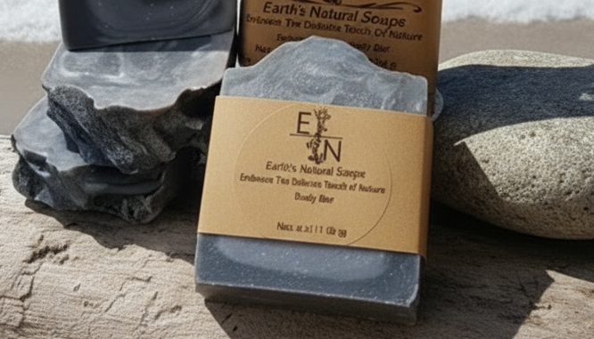Handmade Serenity activated charcoal tallow hemp soap with ozone, calamus & petrichor – deep detox, fresh rain scent – Earth’s Natural Soaps