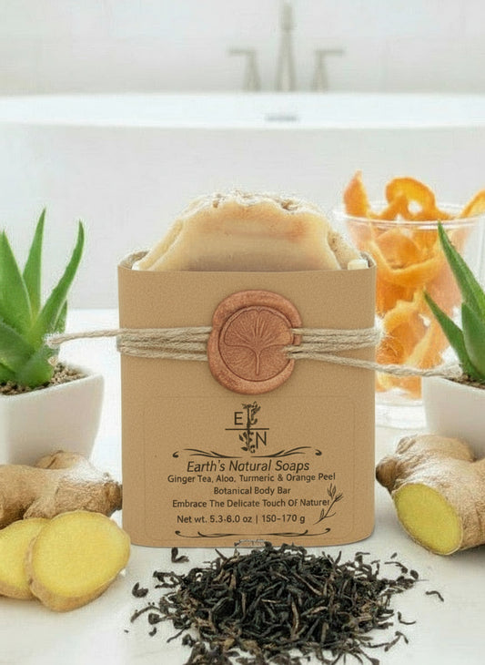 Handmade Organic Ginger Tea, Turmeric, Aloe & Orange Peel Botanical Body Bar