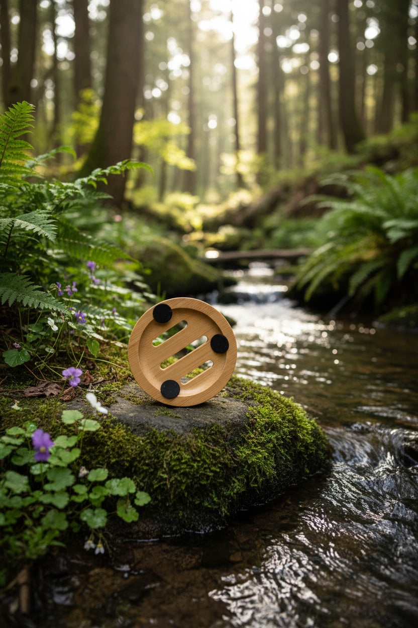 Round bamboo shampoo bar holder with drainage slots on mossy rock by forest stream, natural wooden soap dish