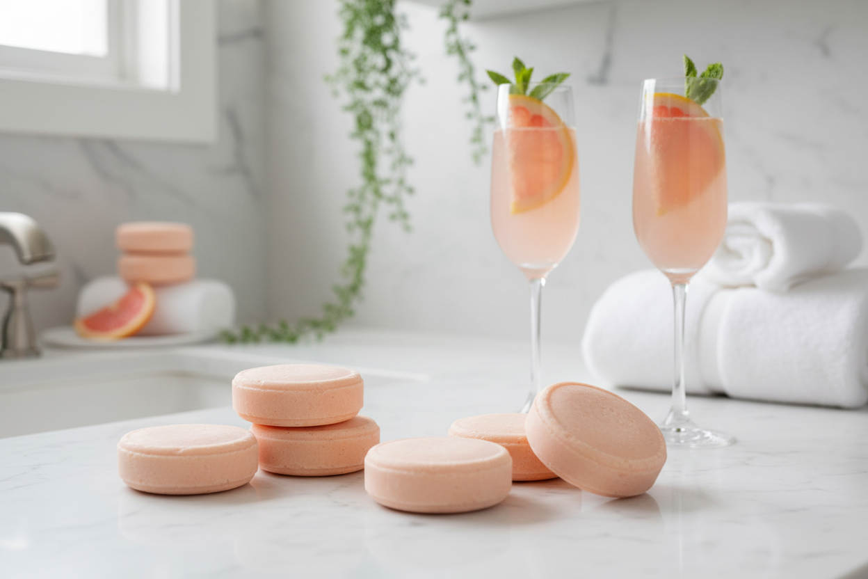 Pink macarons with champagne glasses filled with a pink beverage on a marble surface.