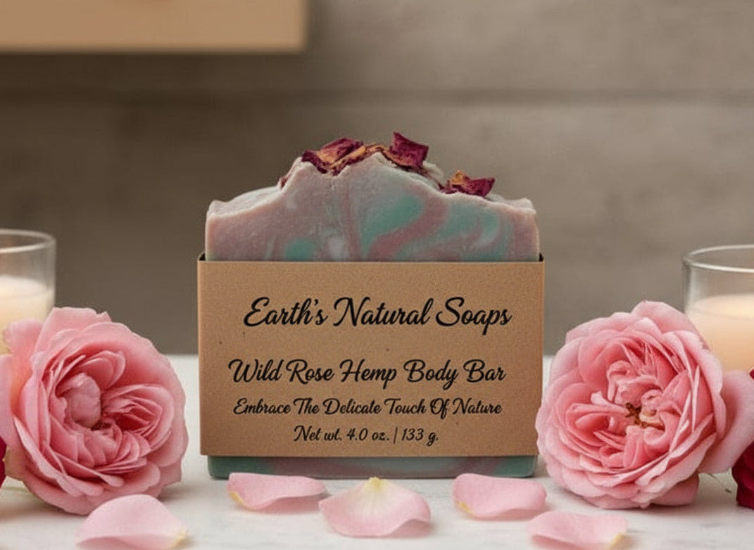 Handmade Organic Wild Rose Hemp Body Bar with Dried Flowers and Pink Rose Scent