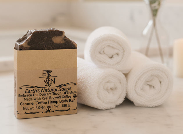 Handmade Caramel Vanilla Coffee Bean hemp soap made with real coffee grounds – exfoliating, antioxidant-rich, café scent – Earth’s Natural Soaps