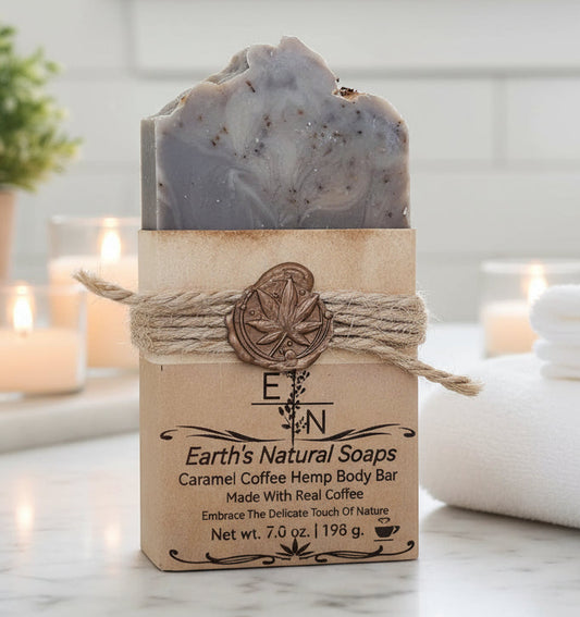 Handmade Caramel Vanilla Coffee Bean hemp soap made with real coffee grounds – exfoliating, antioxidant-rich, café scent – Earth’s Natural Soaps