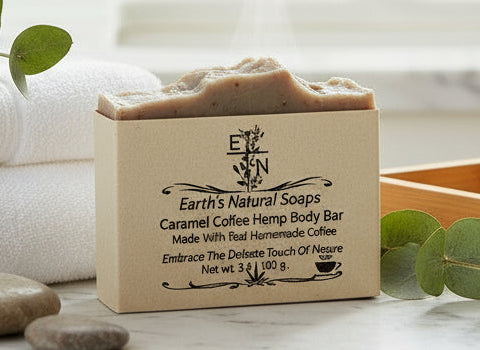 Handmade Caramel Vanilla Coffee Bean hemp soap made with real coffee grounds – exfoliating, antioxidant-rich, café scent – Earth’s Natural Soaps
