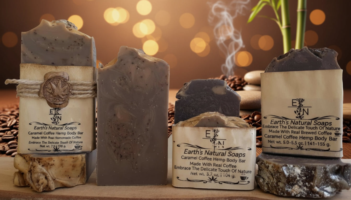 Handmade Caramel Vanilla Coffee Bean hemp soap made with real coffee grounds – exfoliating, antioxidant-rich, café scent – Earth’s Natural Soaps