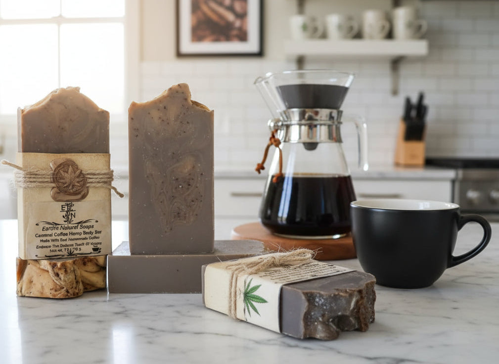 Handmade Caramel Vanilla Coffee Bean hemp soap made with real coffee grounds – exfoliating, antioxidant-rich, café scent – Earth’s Natural Soaps