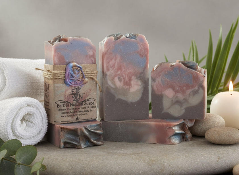 Handmade Earthly Delight tallow hemp soap with sandalwood, frangipani, almond & smoky guaiac wood – floral woody scent – Earth’s Natural Soaps