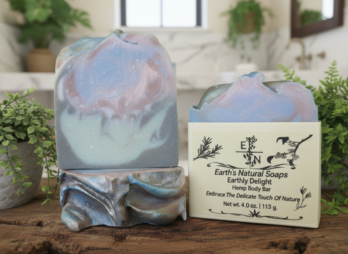 Handmade Earthly Delight tallow hemp soap with sandalwood, frangipani, almond & smoky guaiac wood – floral woody scent – Earth’s Natural Soaps