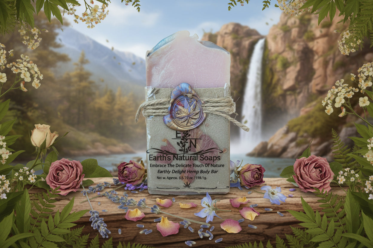 Handmade Earthly Delight tallow hemp soap with sandalwood, frangipani, almond & smoky guaiac wood – floral woody scent – Earth’s Natural Soaps