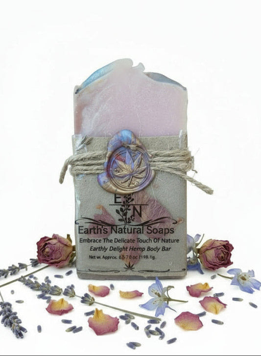 Handmade Earthly Delight tallow hemp soap with sandalwood, frangipani, almond & smoky guaiac wood – floral woody scent – Earth’s Natural Soaps