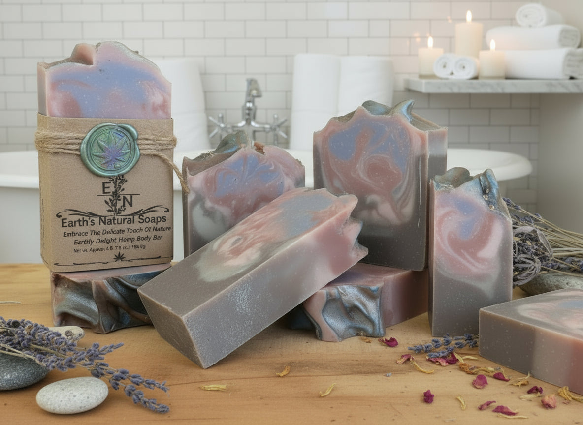 Handmade Earthly Delight tallow hemp soap with sandalwood, frangipani, almond & smoky guaiac wood – floral woody scent – Earth’s Natural Soaps