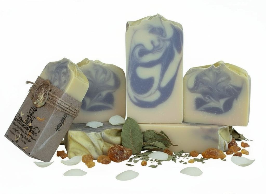 Handmade Earthly Glow tallow hemp soap with grape, orange, lime & patchouli – fruity citrus floral resinous scent – Earth’s Natural Soaps