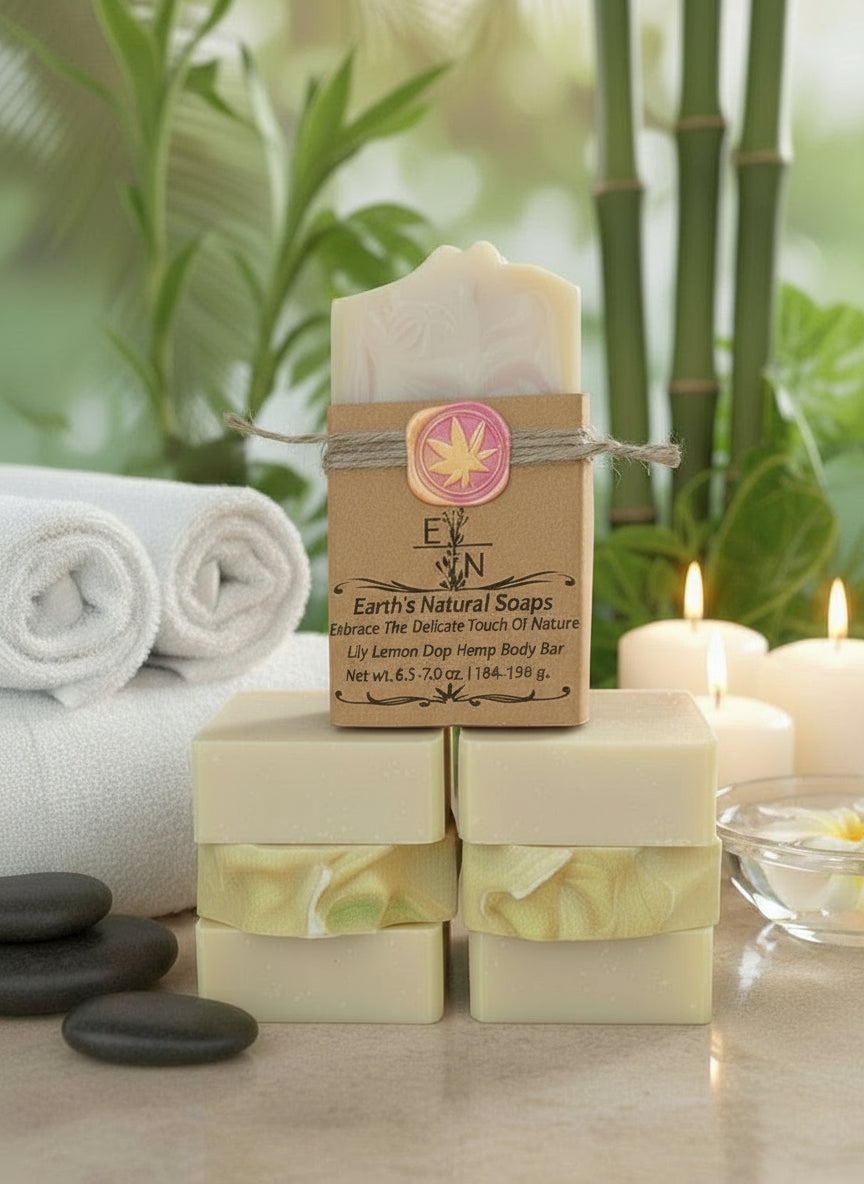 Handmade Lily Lemon Drop Hemp Body Bar ingredients: hemp, shea, citrus oils