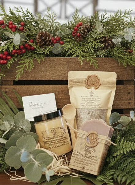 Handmade Organic Almond & Earthly Delight Skincare Gift Set with Body Scrub, Bath Soak, and Hemp Soap.