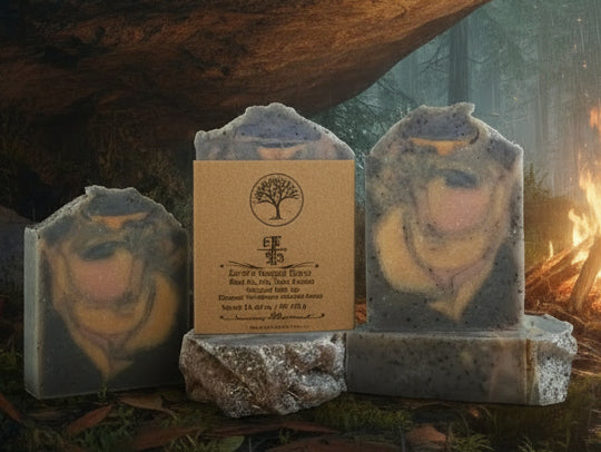 Handmade organic cedar and amber black tea body bar with embedded tea leaves and wood chips, rich amber hue, rustic soap on cedar plank