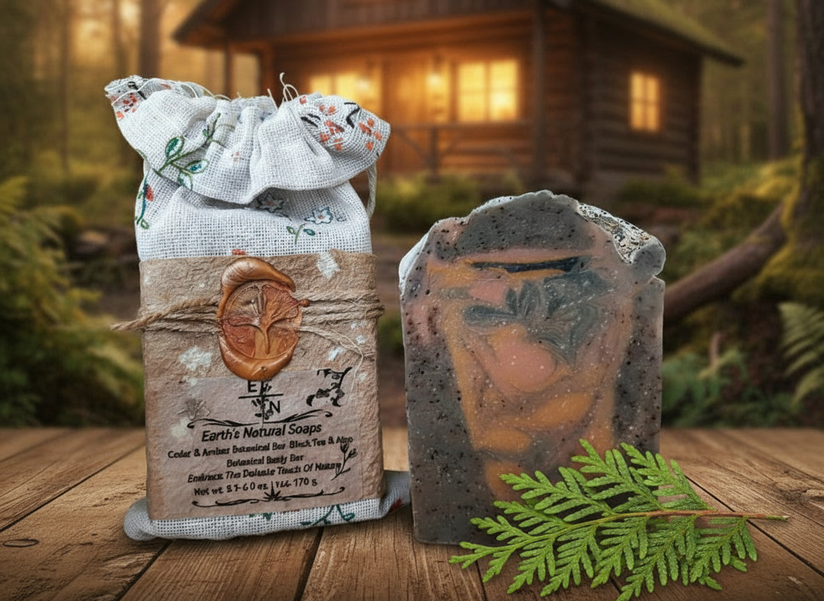 Handmade organic cedar and amber black tea body bar with embedded tea leaves and wood chips, rich amber hue, rustic soap on cedar plank