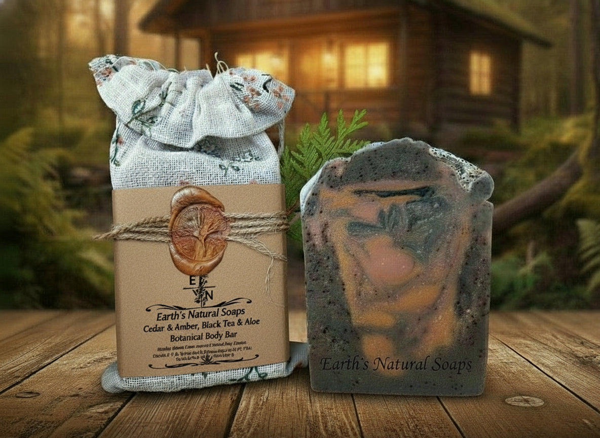 Handmade organic cedar and amber black tea body bar with embedded tea leaves and wood chips, rich amber hue, rustic soap on cedar plank