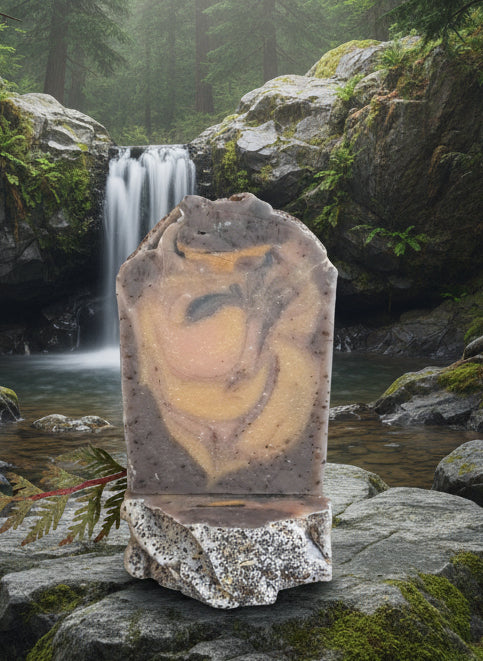 Handmade organic cedar and amber black tea body bar with embedded tea leaves and wood chips, rich amber hue, rustic soap on cedar plank