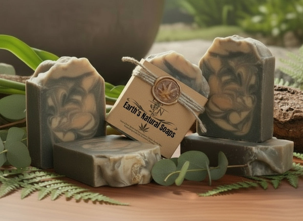 Handmade organic cedar and amber hemp body bar with hemp seeds and cedar flecks, earthy green-brown tones, on rustic wood with hemp twine