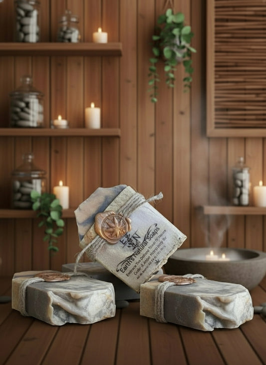 Handmade organic cedar and amber hemp body bar with hemp seeds and cedar flecks, earthy green-brown tones, on rustic wood with hemp twine