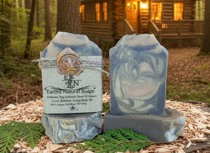 Handmade organic cedar and amber hemp body bar with hemp seeds and cedar flecks, earthy green-brown tones, on rustic wood with hemp twine