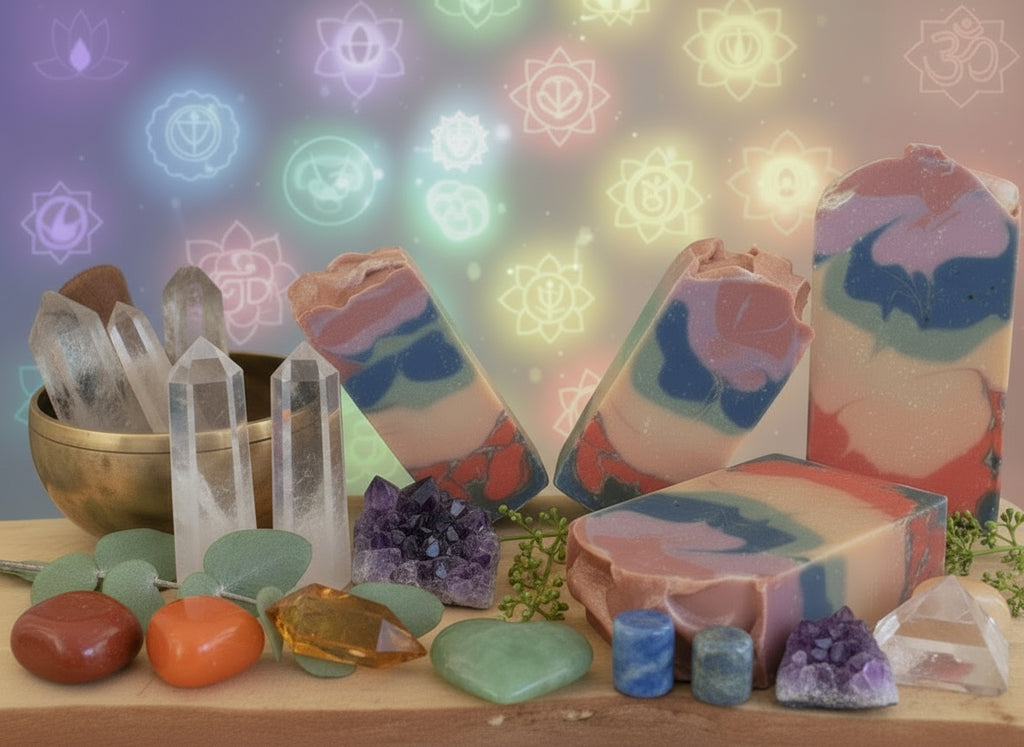 Handmade organic Chakra-Meditation tallow hemp body bar with seven chakra-colored swirls and gold flecks, on amethyst crystal with incense smoke, spiritual spa vibe