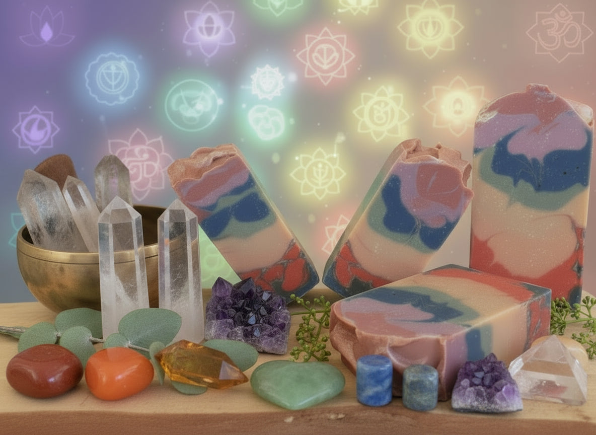 Handmade organic Chakra-Meditation tallow hemp body bar with seven chakra-colored swirls and gold flecks, on amethyst crystal with incense smoke, spiritual spa vibe