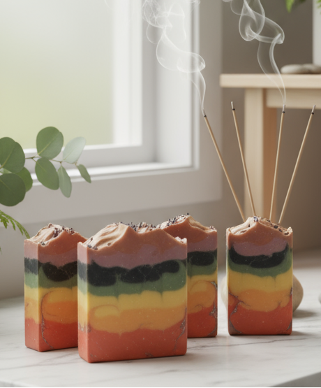 Rich, creamy lather from chakra hemp soap in hands, resinous foam with rainbow mica layers  