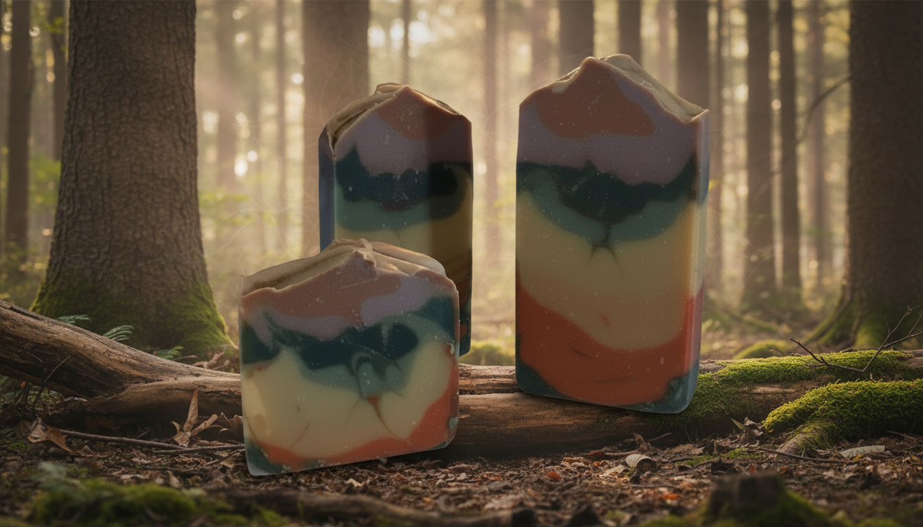 Handmade organic Chakra-Meditation tallow hemp body bar with seven chakra-colored swirls and gold flecks, on amethyst crystal with incense smoke, spiritual spa vibe