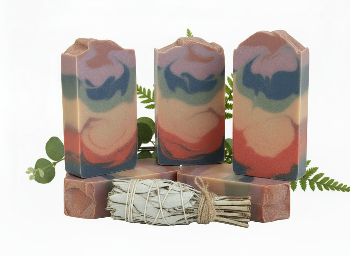 Handmade organic Chakra-Meditation tallow hemp body bar with seven chakra-colored swirls and gold flecks, on amethyst crystal with incense smoke, spiritual spa vibe