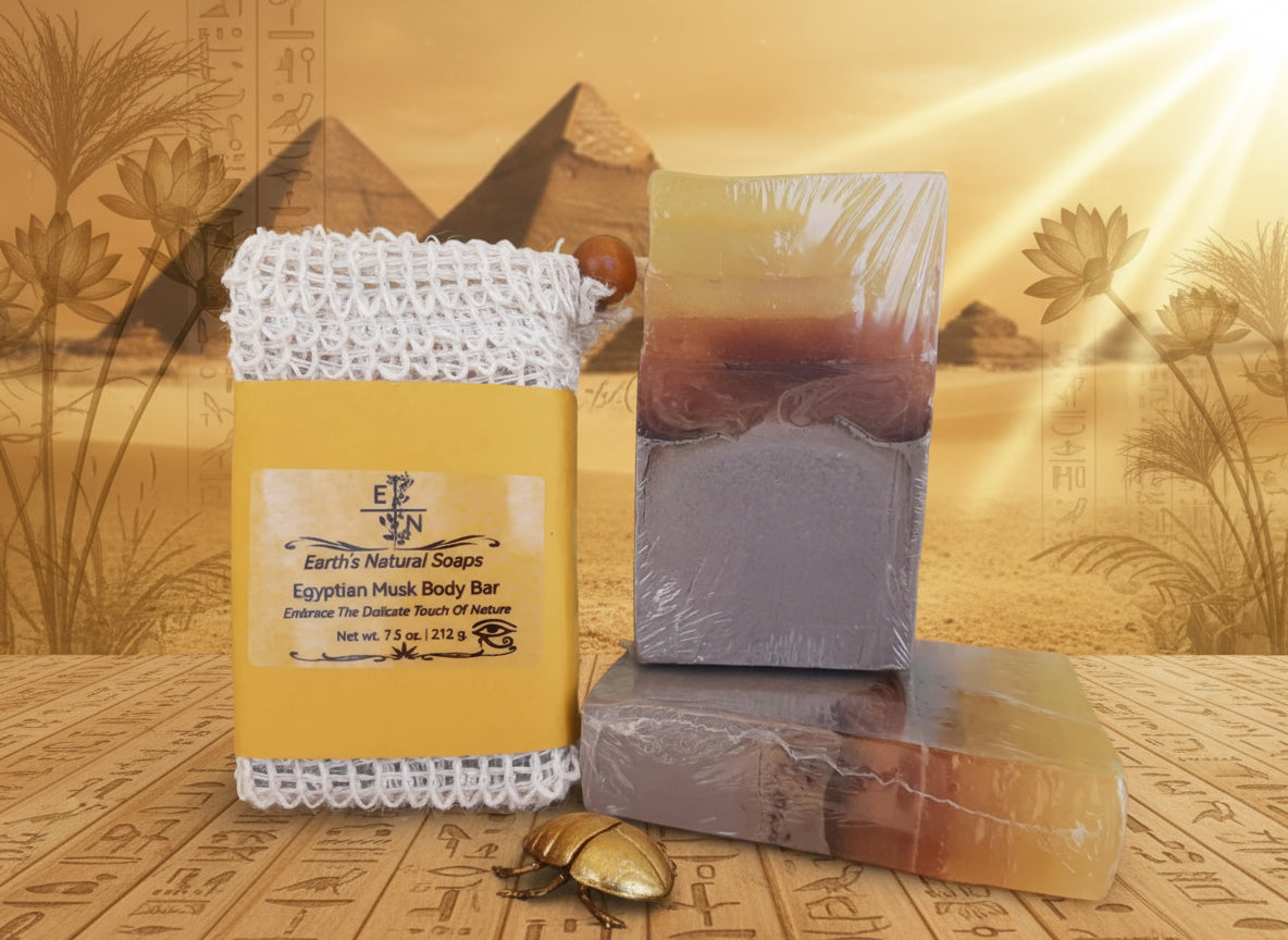 Handmade organic Egyptian Musk body bar 𓂀 with golden triple butter swirl and lime zest flecks, regal gold mica on obsidian stone, ancient luxury spa vibe