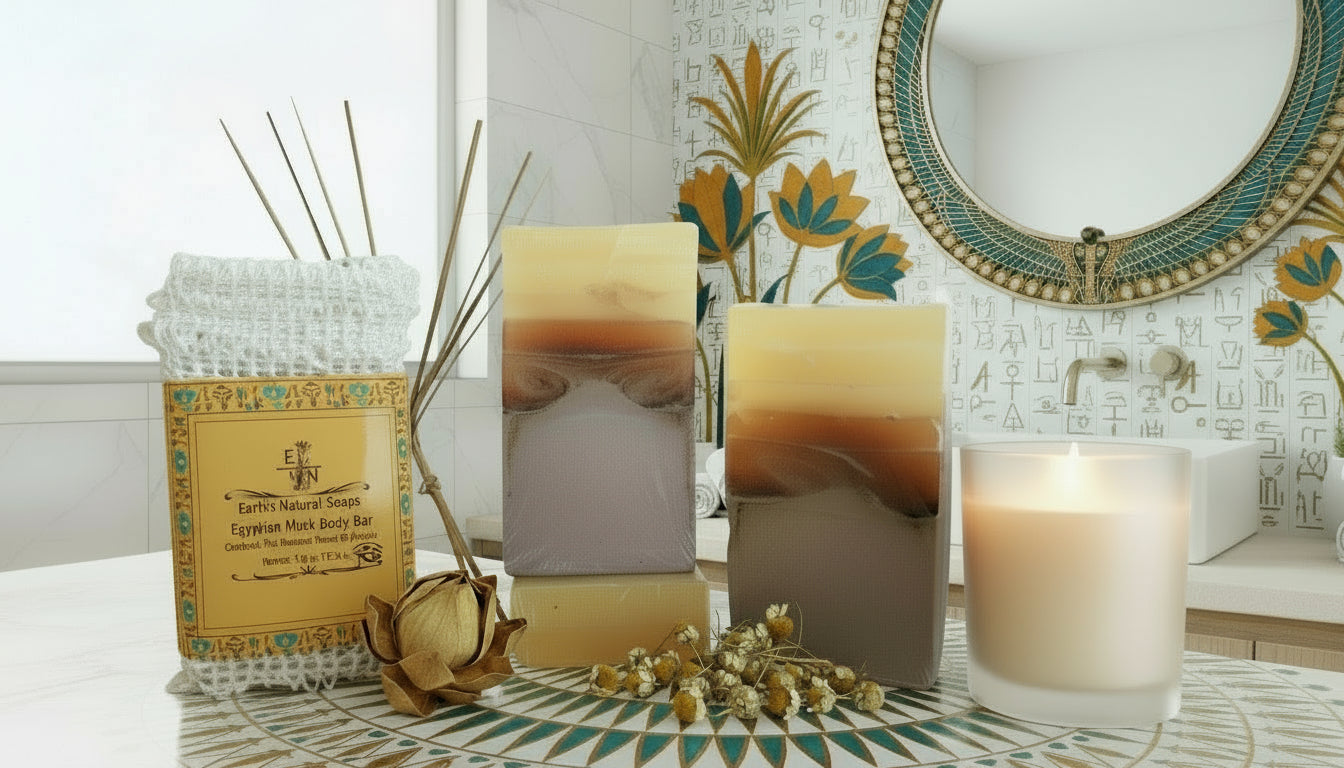 Handmade organic Egyptian Musk body bar 𓂀 with golden triple butter swirl and lime zest flecks, regal gold mica on obsidian stone, ancient luxury spa vibe