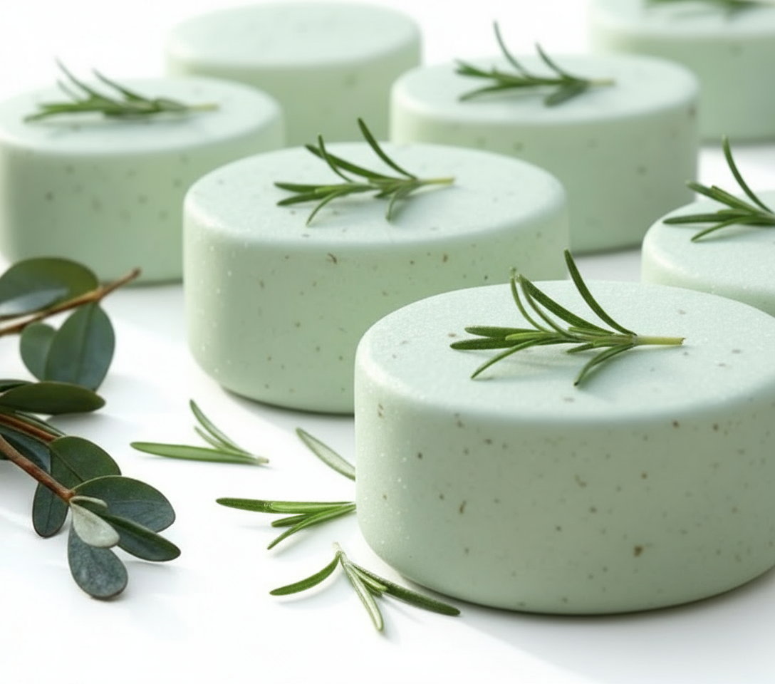 Handmade organic eucalyptus shower steamers in eco-friendly packaging, vibrant green hue from natural oils, aromatic spa-like bathroom essential