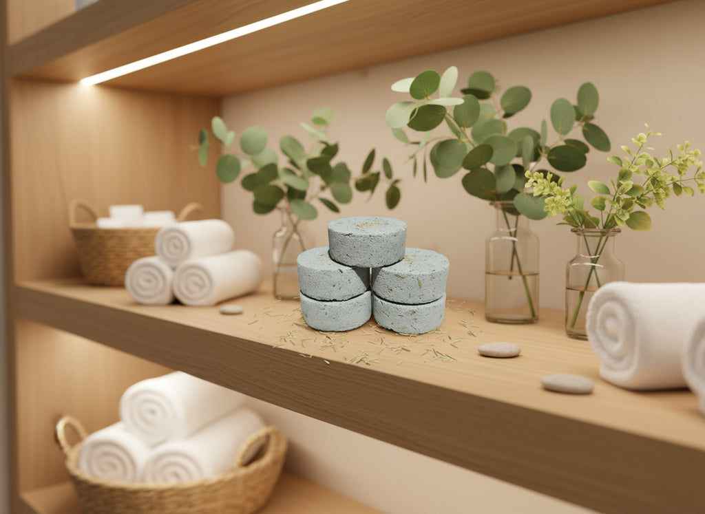 Handmade organic eucalyptus shower steamers in eco-friendly packaging, vibrant green hue from natural oils, aromatic spa-like bathroom essential