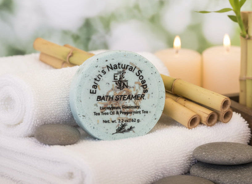 Handmade organic eucalyptus shower steamers in eco-friendly packaging, vibrant green hue from natural oils, aromatic spa-like bathroom essential
