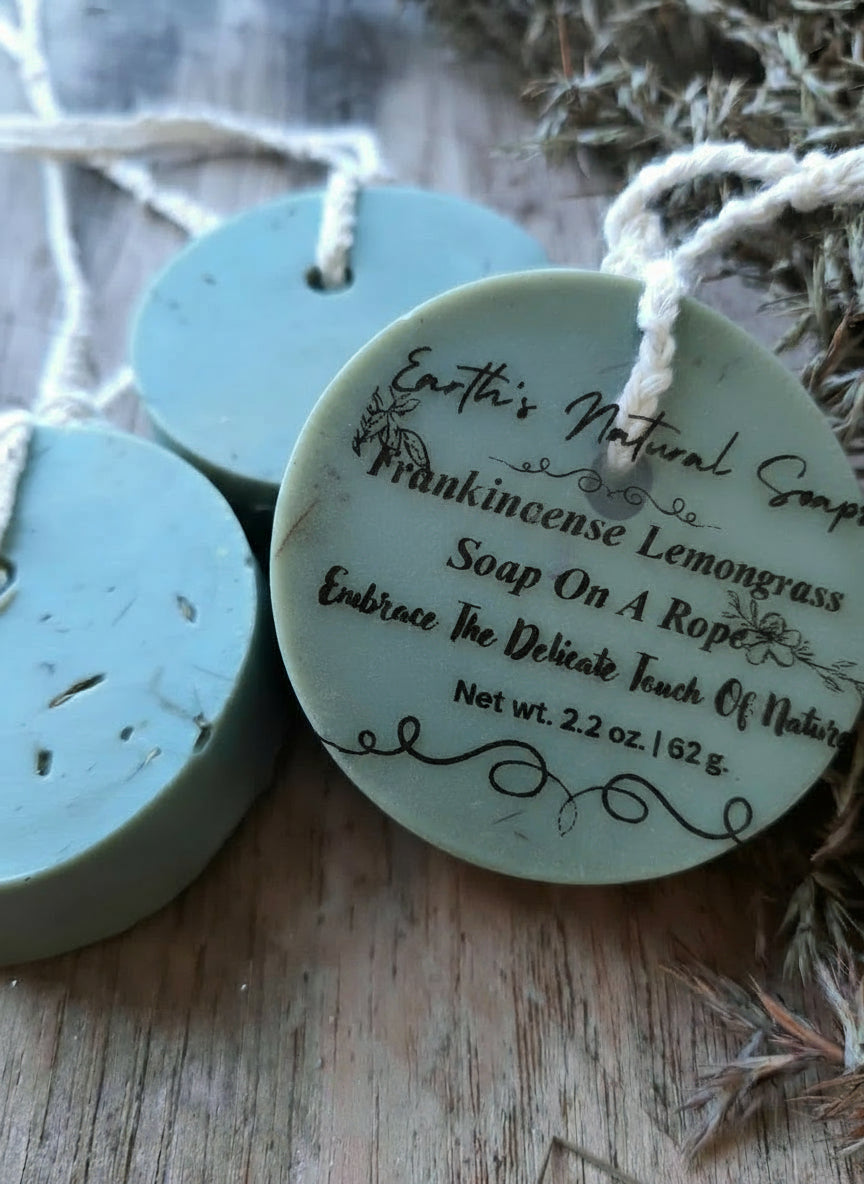 Handmade Organic Frankincense & Lemongrass Soap on a Rope with Natural Cord