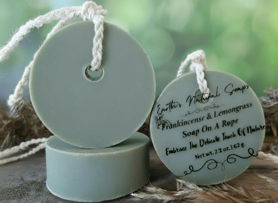 Handmade Organic Frankincense & Lemongrass Soap on a Rope with Natural Cord