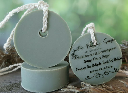 Handmade Organic Frankincense & Lemongrass Soap on a Rope with Natural Cord