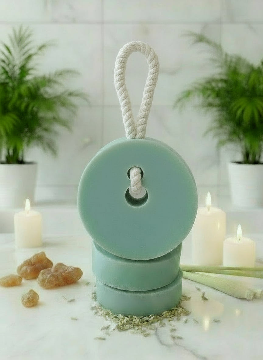 Handmade Organic Frankincense & Lemongrass Soap on a Rope with Natural Cord