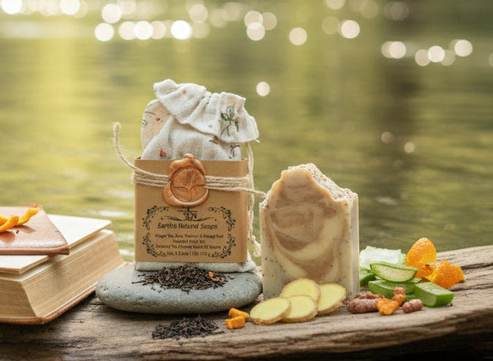 Handmade organic ginger turmeric aloe body bar with orange peel flecks and turmeric swirl, golden glow on bamboo soap dish, spa wellness vibe