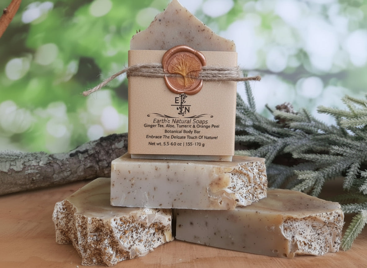 Handmade organic ginger turmeric aloe body bar with orange peel flecks and turmeric swirl, golden glow on bamboo soap dish, spa wellness vibe