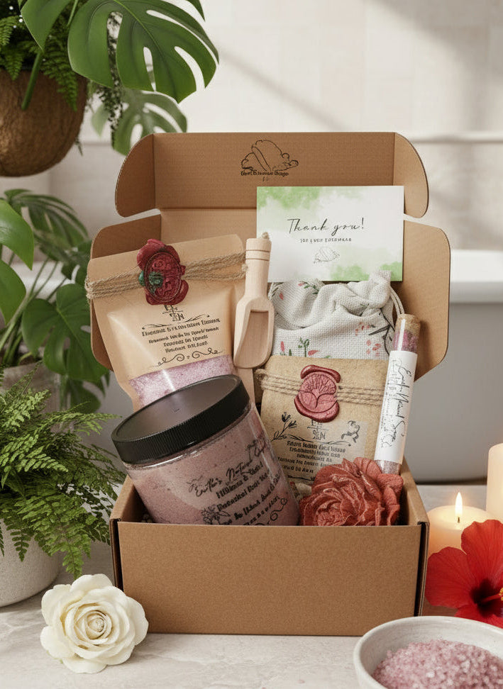 Luxurious Hibiscus & Nectar Bliss Gift Box showcasing handmade organic rose & milk bath bomb, mini bath shot, hibiscus tea aloe body bar, and whipped sugar scrub on a tropical floral background with hibiscus accents.