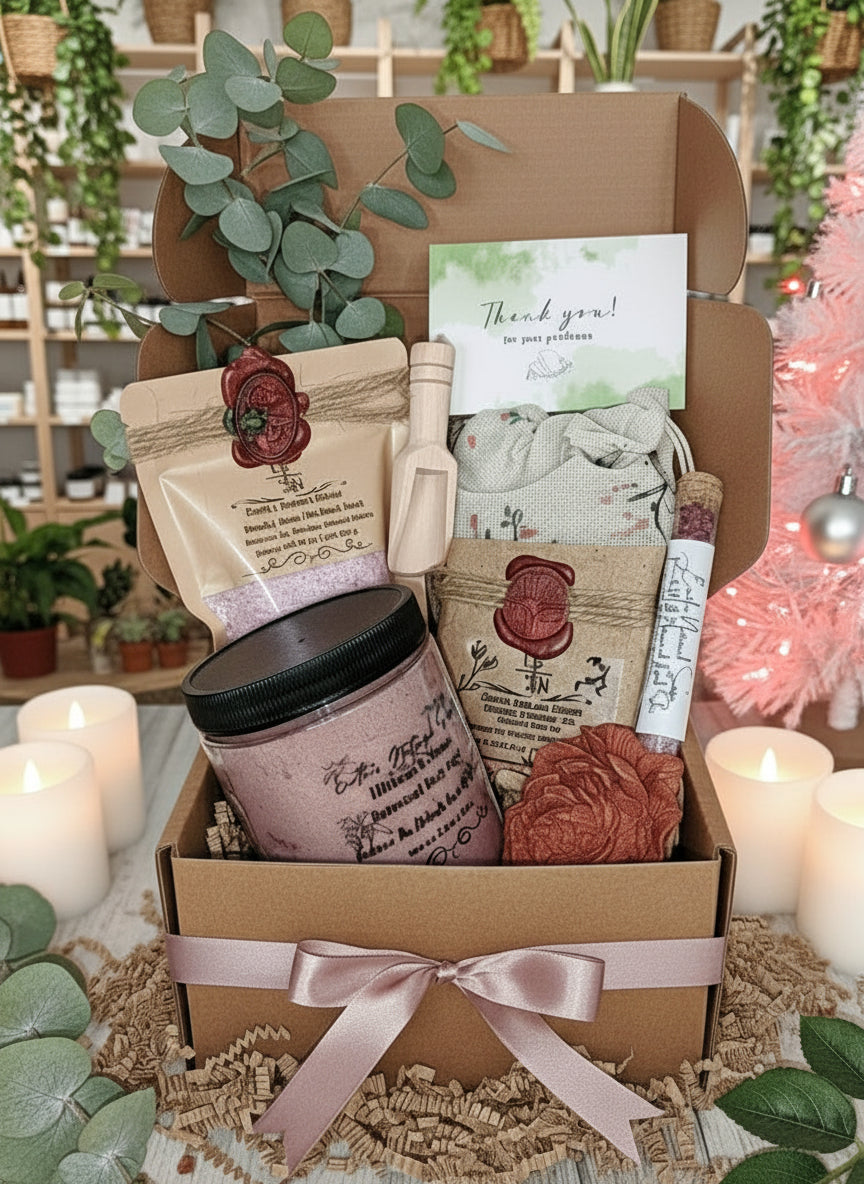 Luxurious Hibiscus & Nectar Bliss Gift Box showcasing handmade organic rose & milk bath bomb, mini bath shot, hibiscus tea aloe body bar, and whipped sugar scrub on a tropical floral background with hibiscus accents.