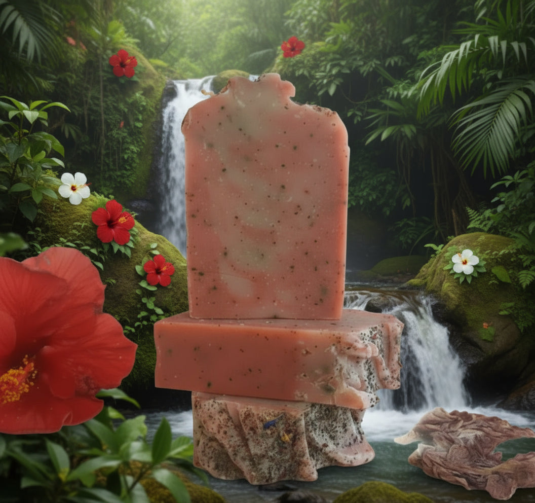 Handmade organic hibiscus tea aloe and nectar body bar with dried hibiscus petals and aloe flecks, vibrant pink swirl, on marble with fresh flowers