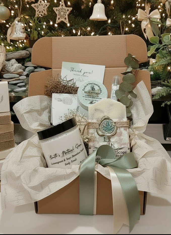Handmade Organic Lemongrass and Sage Refresh Skincare Gift Set featuring hemp body bar, botanical sugar scrub, rice shampoo bar, eucalyptus shower steamers, and hemp bath shot for natural self-care and relaxation from Earth's Natural Soaps