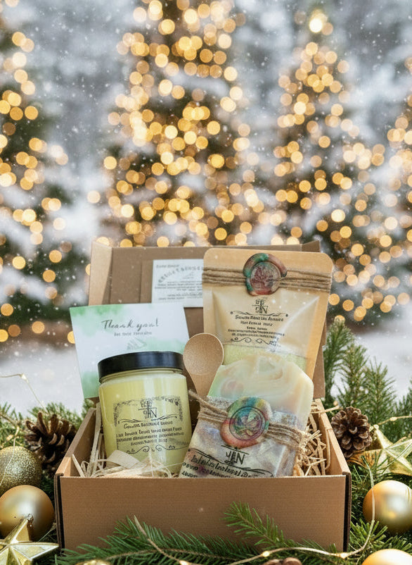 Handmade organic Lily Lemon Drop skincare gift set in kraft box with ribbon, featuring sugar scrub, bath bomb, and lotion bar, fresh lemon slices and lily petals