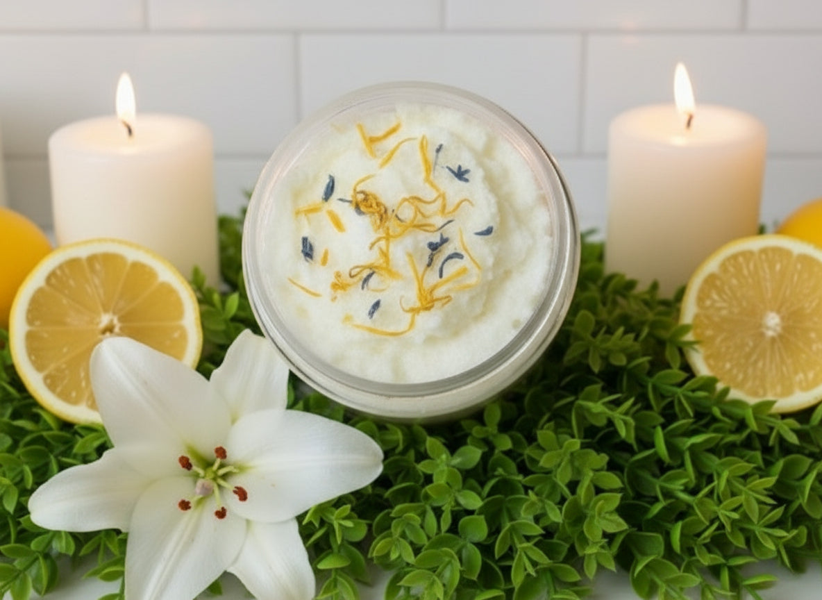 Handmade Organic Lily Lemon Drop Whipped Sugar Scrub in Jar